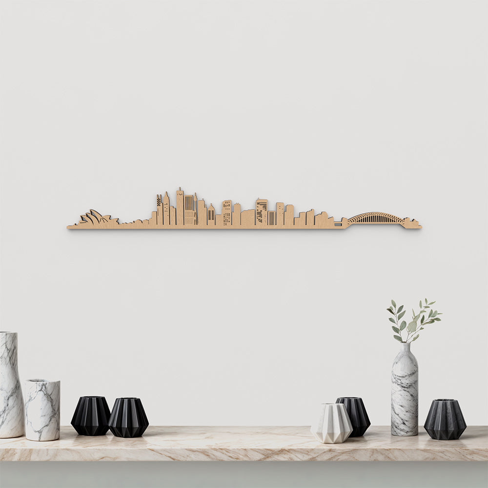Skyline Sidney de madera marrón para decoración de pared.