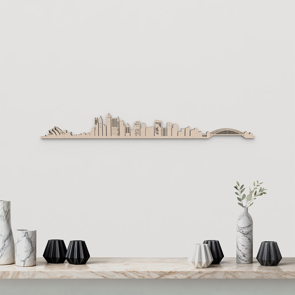 Skyline Sidney en madera natural para decoración mural.