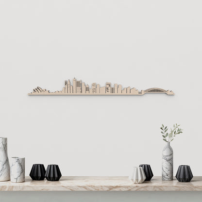Skyline Sidney en madera natural para decoración mural.