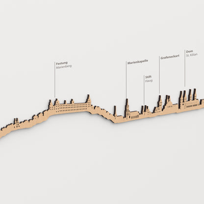 Skyline von Würzburg mit braunem Finish mit den Namen Festung Marienberg, Marienkapelle, Stift Haug, Grafeneckart, Dom St. Kilian.
