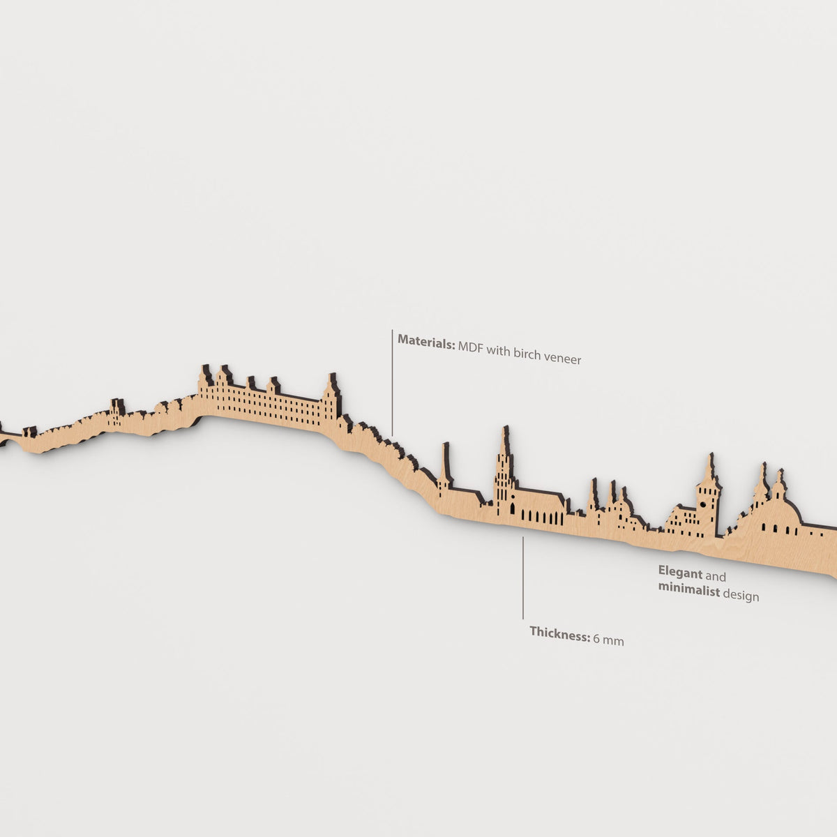 Detailansicht der Skyline von Würzburg mit MDF-Kern, einer Oberfläche aus natürlichem Birkenholz in Braun und 6 mm Stärke.