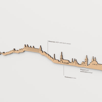 Detailansicht der Skyline von Würzburg mit MDF-Kern, einer Oberfläche aus natürlichem Birkenholz in Braun und 6 mm Stärke.