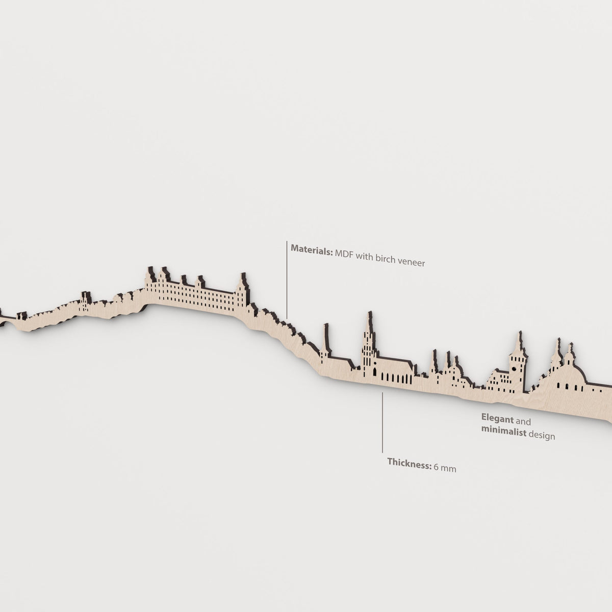 Detailansicht der Skyline von Würzburg mit MDF-Kern, einer Oberfläche aus natürlichem Birkenholz und 6 mm Stärke.