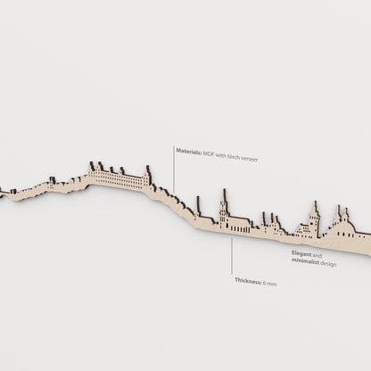 Detailansicht der Skyline von Würzburg mit MDF-Kern, einer Oberfläche aus natürlichem Birkenholz und 6 mm Stärke.