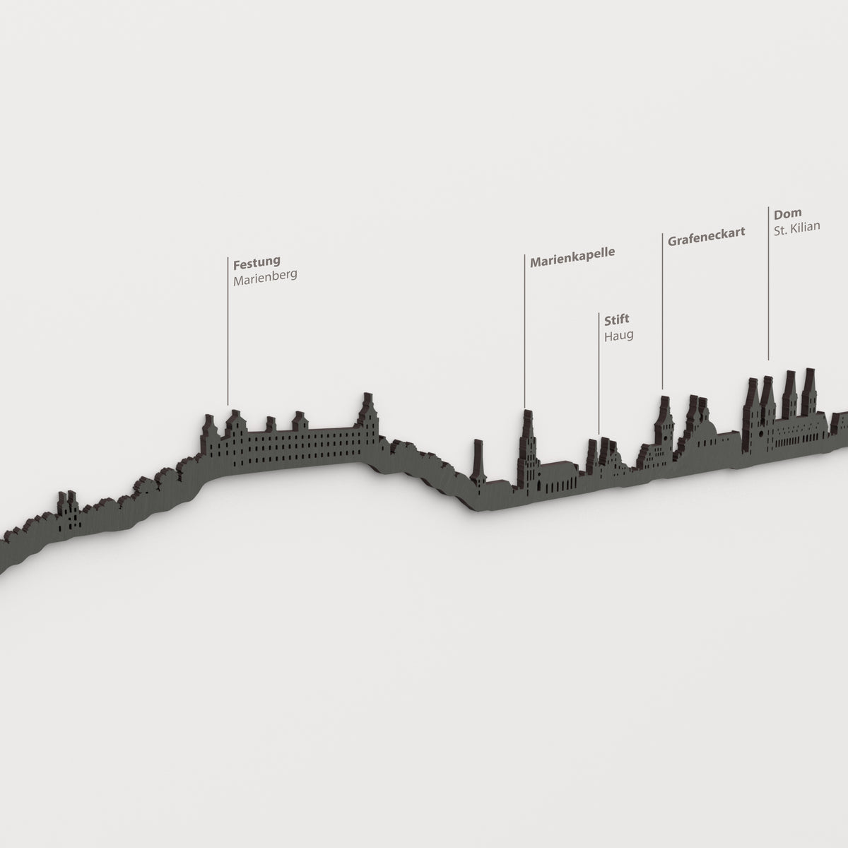 Skyline von Würzburg mit schwarzem Finish mit den Namen Festung Marienberg, Marienkapelle, Stift Haug, Grafeneckart, Dom St. Kilian.