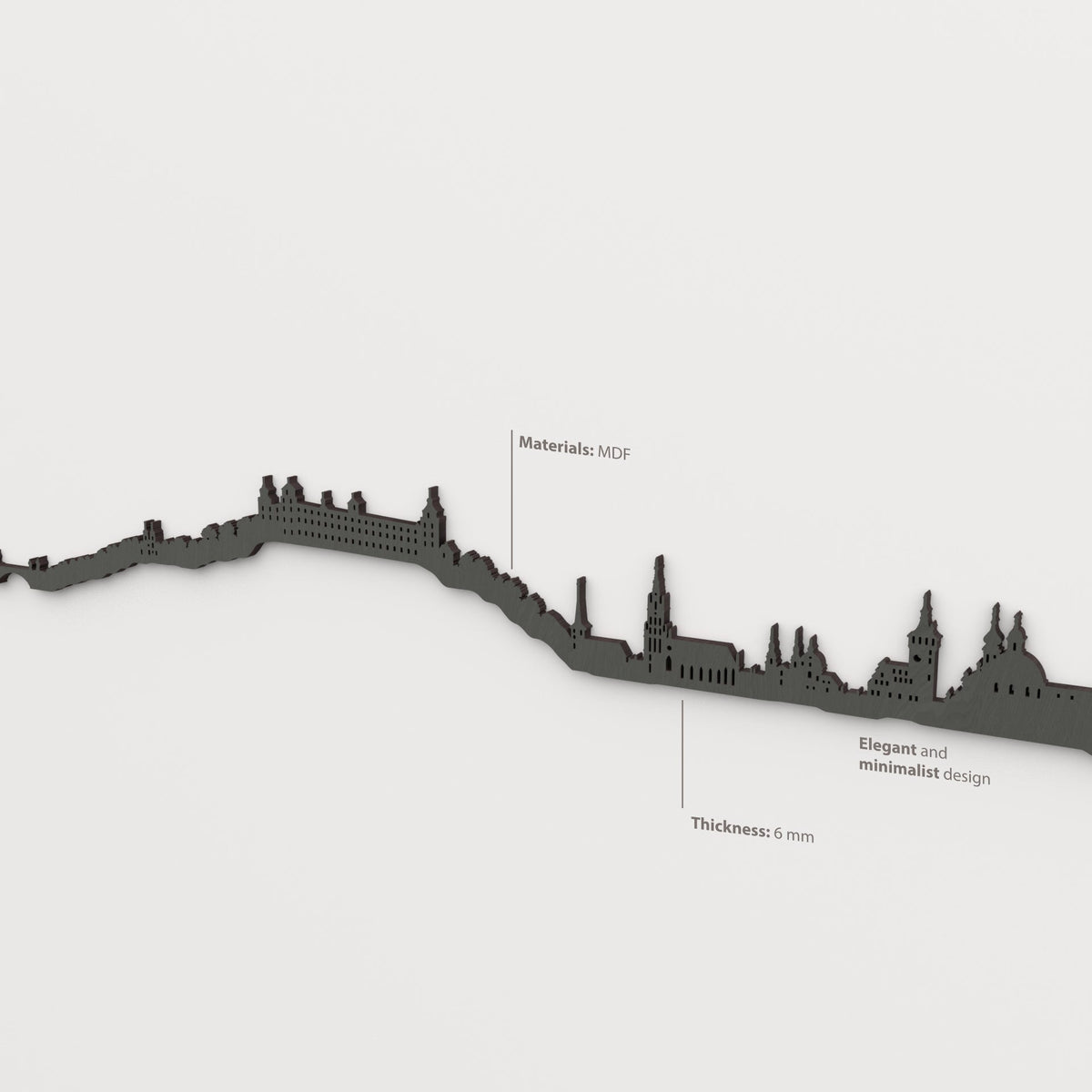 Detailansicht der Skyline von Würzburg aus MDF mit mattschwarzer Oberfläche und 6 mm Stärke.