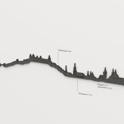 Detailansicht der Skyline von Würzburg aus MDF mit mattschwarzer Oberfläche und 6 mm Stärke.
