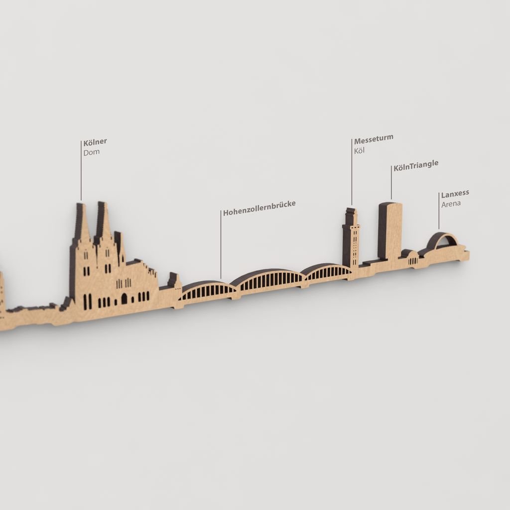Vista en perspectiva de la silueta del skyline de Köln en madera marrón.
