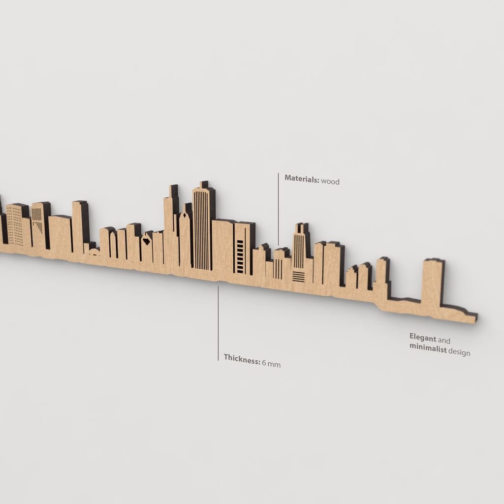 Vista en perspectiva de la silueta del skyline de Chicago en madera marrón.