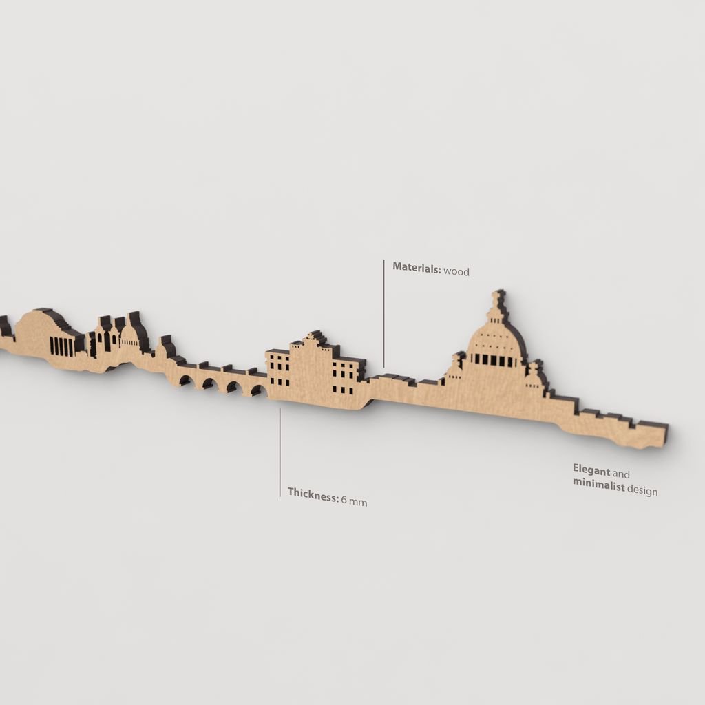 Vista en perspectiva de la silueta del skyline de Roma en madera marrón.