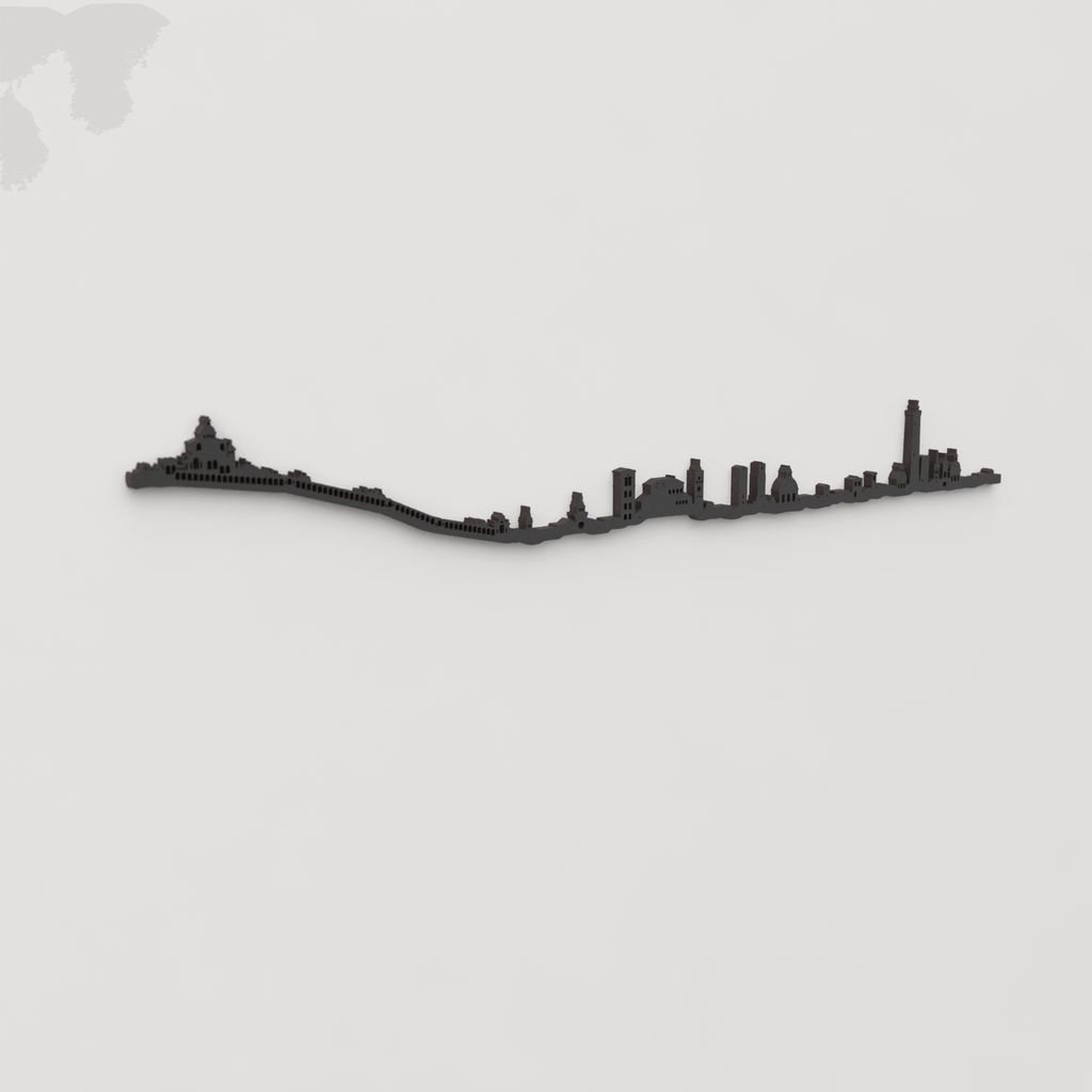 Vista en perspectiva de la silueta del skyline de Bologna en madera negra.