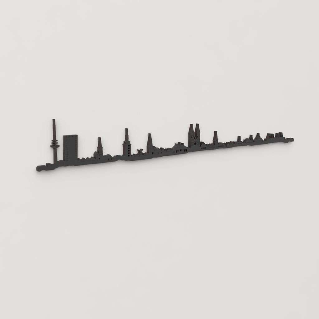 Vista en perspectiva de la silueta del skyline de Bremen en madera negra.