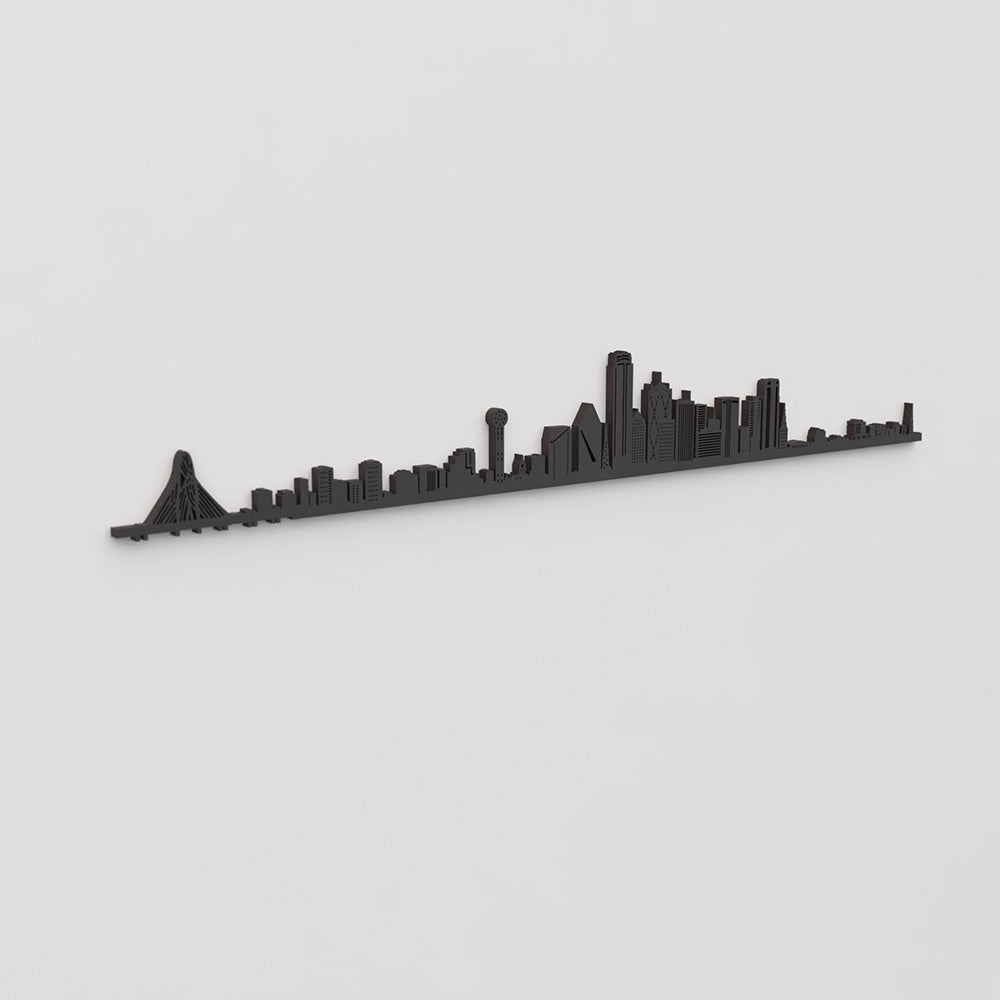 Perspectiva lateral del skyline Dallas en madera negra.