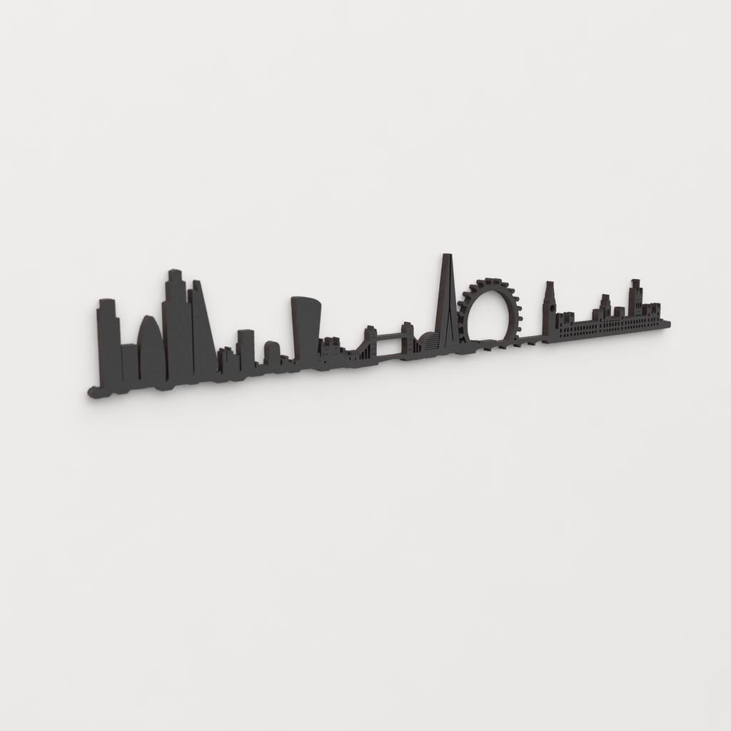 Vista en perspectiva de la silueta del skyline de Londres en madera negra.
