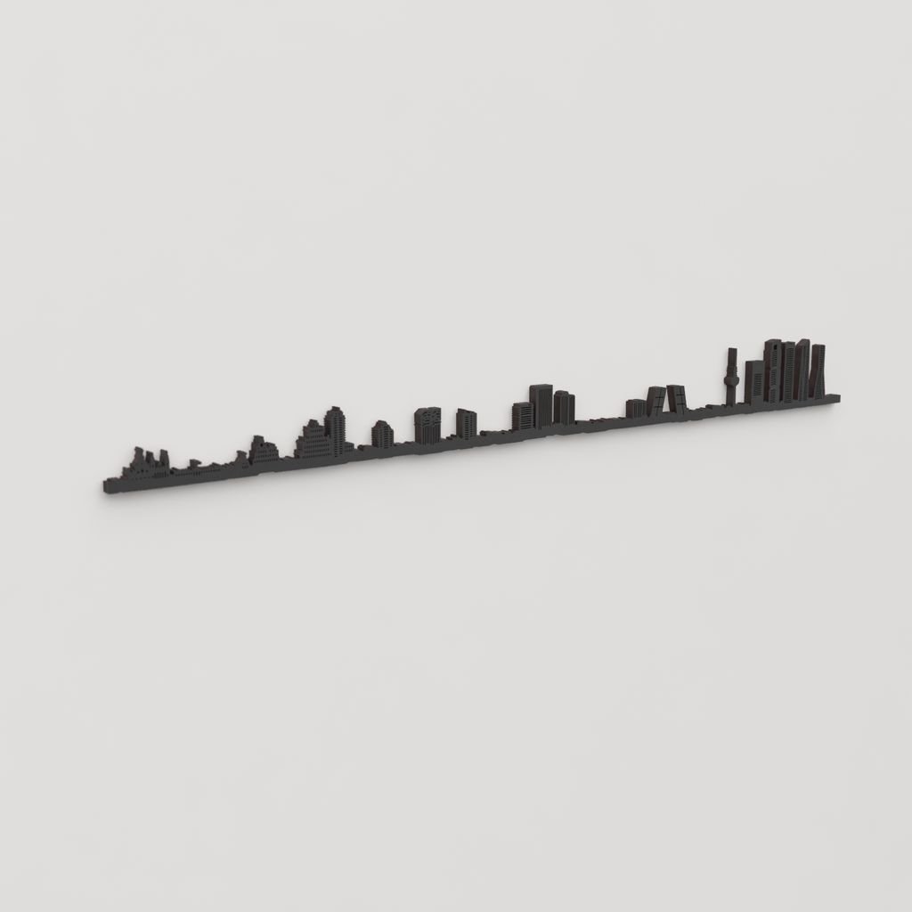 Perspectiva lateral del skyline Madrid en madera negra.