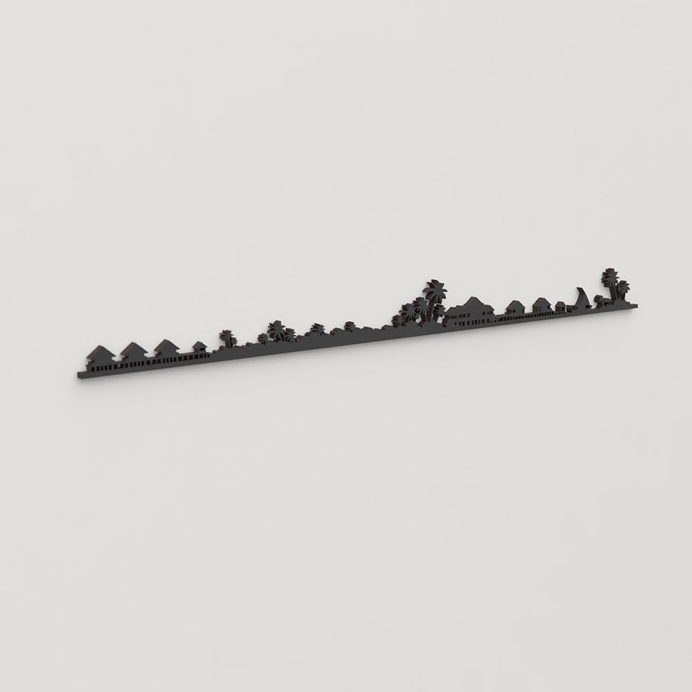 Perspectiva lateral del skyline Maldives en madera negra.