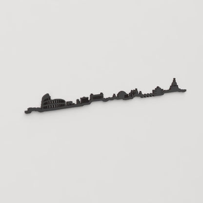 Vista en perspectiva de la silueta del skyline de Roma en madera negra.