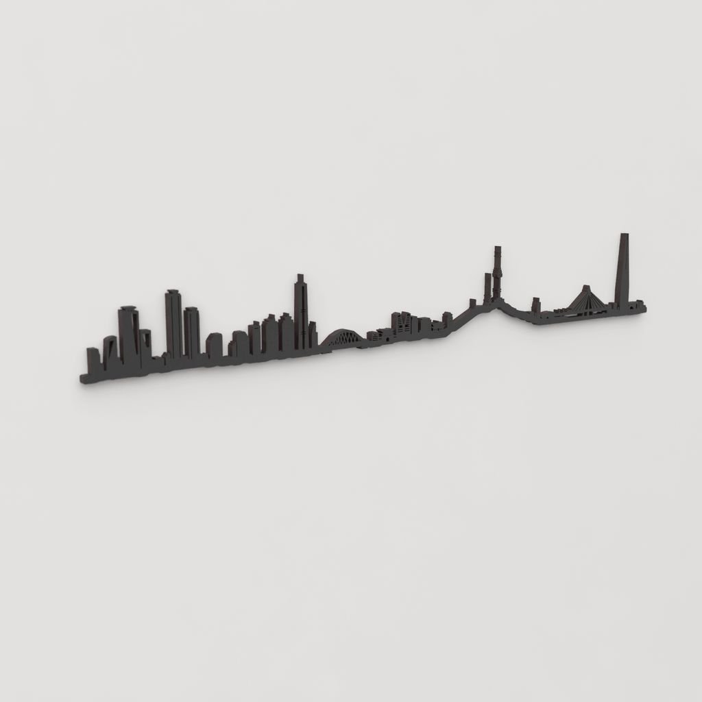 Vista en perspectiva de la silueta del skyline de Seoul en madera negra.