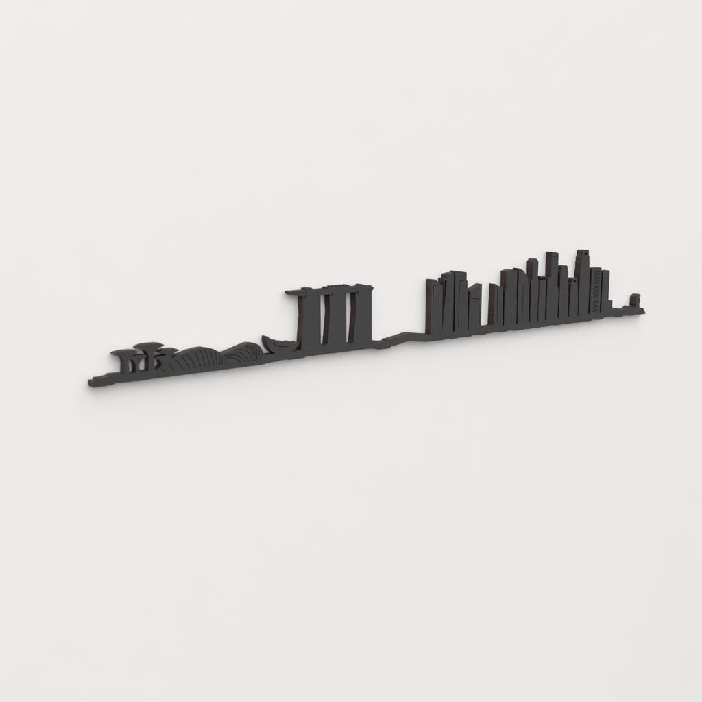 Vista en perspectiva de la silueta del skyline de Singapore en madera negra.